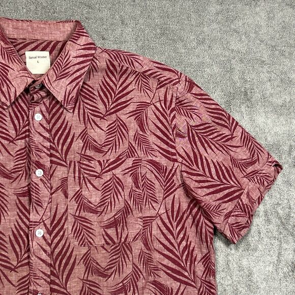 Samuel Windsor Shirt Mens Linen Blend Button Up Large Red Chambray Leaves Hawaii - Picture 2 of 11